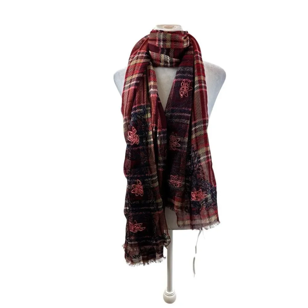 Ladies Lucky Brand Red‎ and Blue Plaid Wool Fringe End Scarf with Embroidery